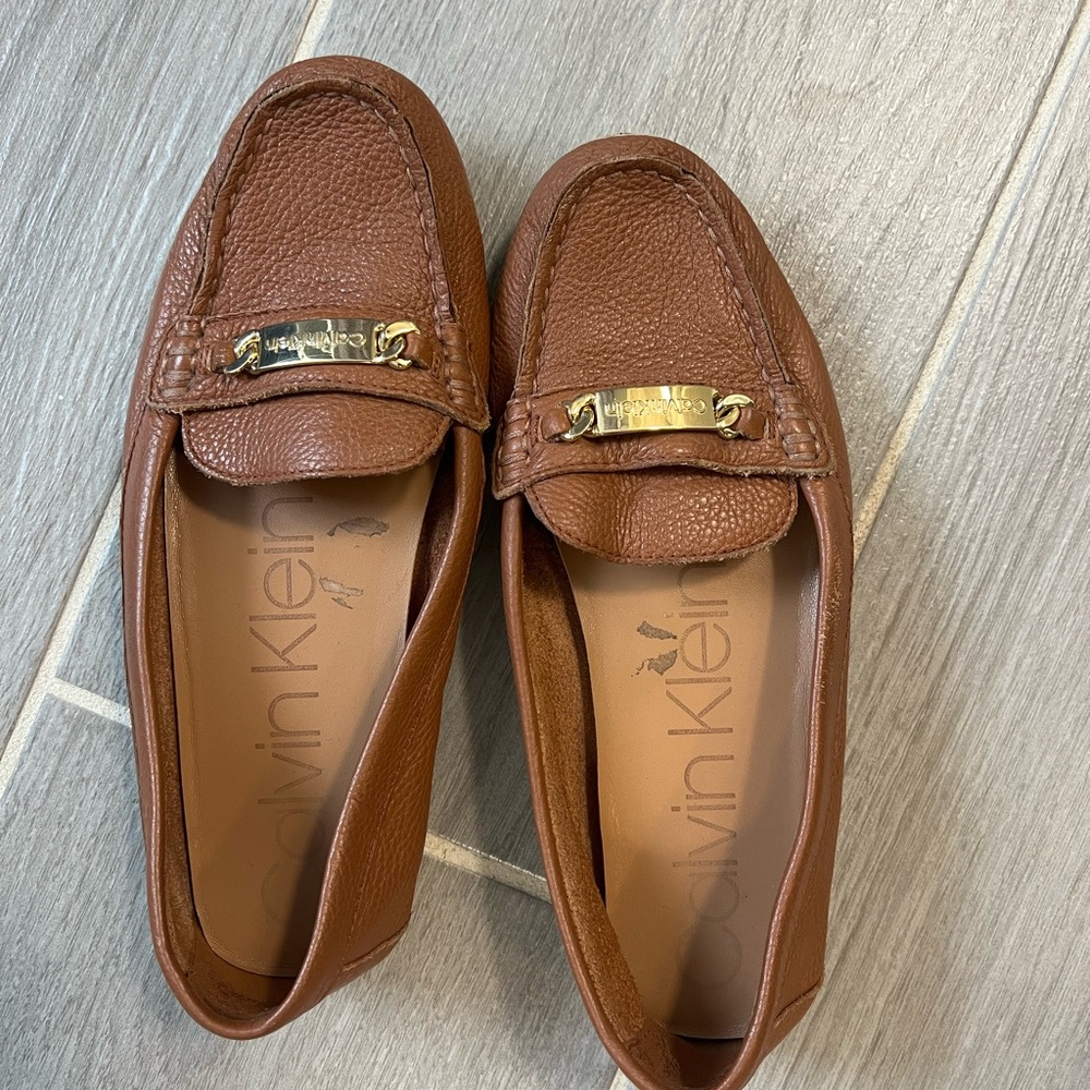 Calvin Klein Brown Leather Loafers with Gold Detail